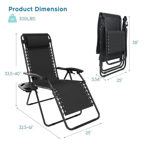 Zero Gravity Outdoor Lounge Chairs Set of 2 With Cup Holders and Removable Pillows, shown folded and reclined with dimensions.