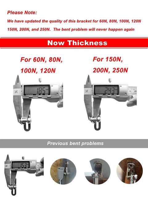 Digital calipers measuring thickness of updated bracket for 60N to 250N, showcasing improved quality and previous issues.