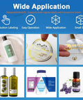 No Sweat Heavy Duty Round Bottle Labeling Machine With Smart Digital Control Quick Adjust Applicator Slick Precision System Automatic For Breweries Cosmetics Beverages showcasing various labeled bottles and jars, including a shampoo and essential oil.