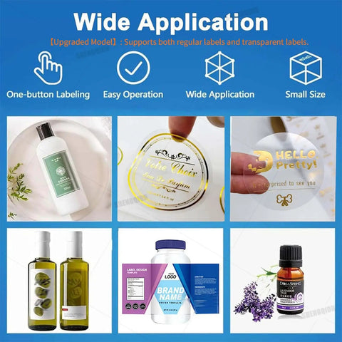 No Sweat Heavy Duty Round Bottle Labeling Machine With Smart Digital Control Quick Adjust Applicator Slick Precision System Automatic For Breweries Cosmetics Beverages showcasing various labeled bottles and jars, including a shampoo and essential oil.