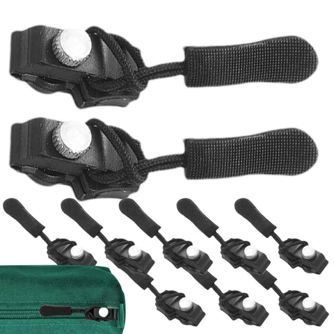 Heavy Duty Zipper Slider Replacement Kit 10 Pack Easy Zip Puller Repair For Luggage Jackets Backpacks Sleeping Bags Gear No Fuss Quick Fix Durable Sliders For Fast Restorations And Long Lasting Performance showing close-up of black sliders and pullers.