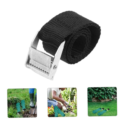 Close-up of metal strap and rolled strap with images of Eight Piece Lawn Aerator Shoes With Solid Metal Straps For Easy Assembly And Soil Aeration