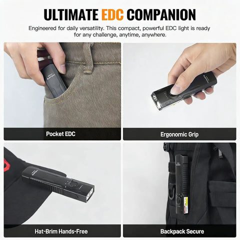 Go-To 3-In-1 Flat EDC Flashlight With 1600 Lumen White LED, Green Beam And UV shown in pocket, hand, hat, backpack