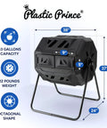 Outdoor Dual Chamber 43 Gallon Compost Tumbler Kit With 1.5 Gallon Kitchen Bin Lid And Charcoal Filter Rotating Design For Easy Separation Black And Red Metal Pail For Countertop And Outdoor Waste Recycling in octagonal shape with stand, black.