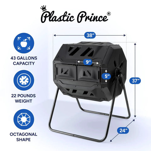 Outdoor Dual Chamber 43 Gallon Compost Tumbler Kit With 1.5 Gallon Kitchen Bin Lid And Charcoal Filter Rotating Design For Easy Separation Black And Red Metal Pail For Countertop And Outdoor Waste Recycling in octagonal shape with stand, black.