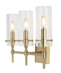 Brass Gold Modern Farmhouse LED Vanity Light Sconce With Clear Glass Cylinder Shade for bathroom hallway or entryway LED bulb included
