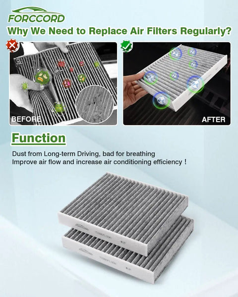 2-Pack Activated Carbon Cabin Air Filter Replacement For Subaru Ascent, Crosstrek showing filter before and after cleaning effect