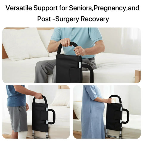 Upgraded Bed Assist Rail For Seniors And Post Surgery Recovery demonstrating non slip grip and storage pocket with user