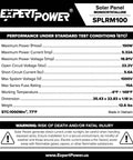 Specification label for 100W 12V Solar Power Kit with Gel 21Ah Deep Cycle Battery, 10A PWM Charge Controller, 10Ft MC4 Cables.