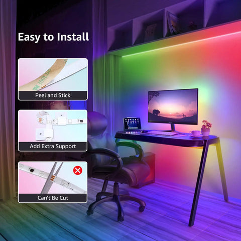 DreamColor LED Strip Lights 16.4ft Music Sync RGB 5050 LED Tape with Remote displayed in gaming room