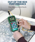 Person using Metal Hardness Tester Kit With Digital Leeb Testing And Standard Hardness Block For Calibration Portable On The Go Multi Scale Support Free Software Included Lightweight Block For Easy Field Calibration on metal surface.