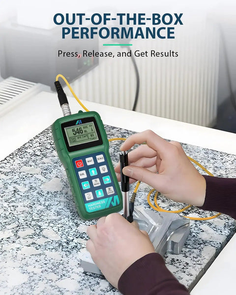 Person using Metal Hardness Tester Kit With Digital Leeb Testing And Standard Hardness Block For Calibration Portable On The Go Multi Scale Support Free Software Included Lightweight Block For Easy Field Calibration on metal surface.