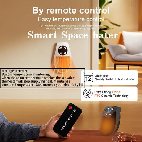 Compact 450W Mini Space Heater With Temperature Detection Remote Control in living room setting with sofa view