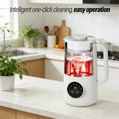All In One Nut Milk Maker With 35 Oz Capacity, 10 Blades, One Touch Start, shown on a kitchen countertop.