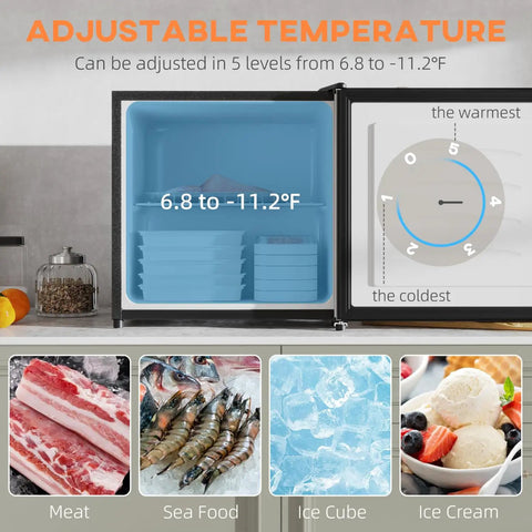 Compact Upright Freezer Silver 1.1 Cu Ft Countertop Mini Freezer showing adjustable temperature dial and foods stored inside.