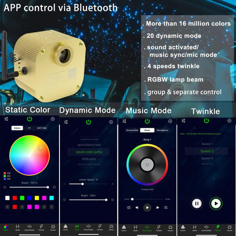 Twinkle Fiber Optic Starlight Box Kickin Sound Activated RGBW Light Engine with app interface and control options shown