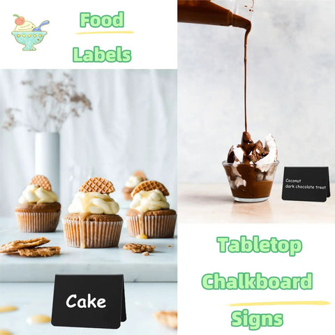 20 Piece Mini Chalkboard Signs For Food, Reusable Buffet Table Labels, cupcakes labeled 'Cake' with chocolate dessert