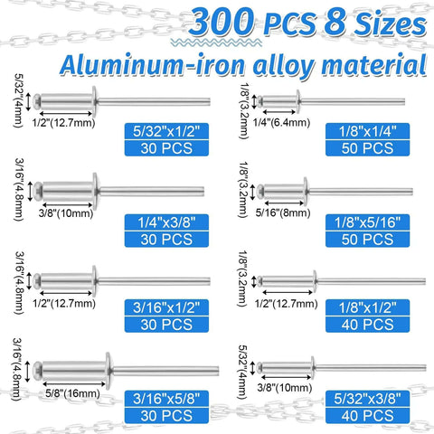 Image showing 300 PCs of All In One Pop Rivets With Washers Kit, featuring various aluminum rivet sizes from 5/32 to 3/16 inches.
