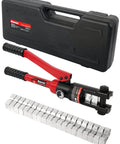 12 Ton Hydraulic Wire Crimper With 10 Die Set For Battery Cable Lugs, shown with carrying case and die blocks.