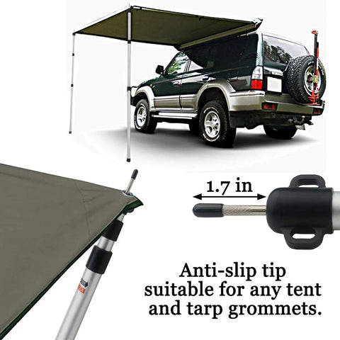 Two Pack Adjustable Tarp Poles Aluminum Telescoping Rods For Camping, Backpacking And Hiking, supporting SUV awning setup.