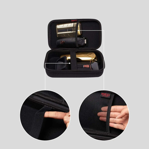 Men's Grooming Kit Travel Pouch Kickass Water Resistant Shaver Organizer Bag showcasing interior with tools and mesh pocket.