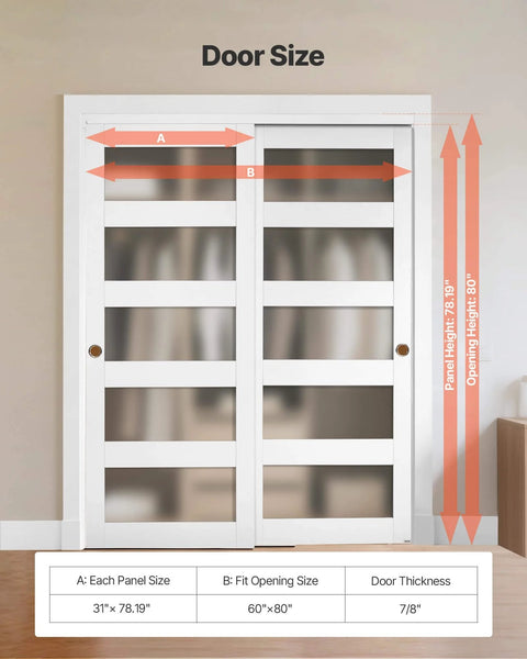 Space Saving Sliding Closet Doors Kit For 60 Inch Opening, 31 Inch Panels, 80 Inch High Frosted Glass 5 Lite Double Doors