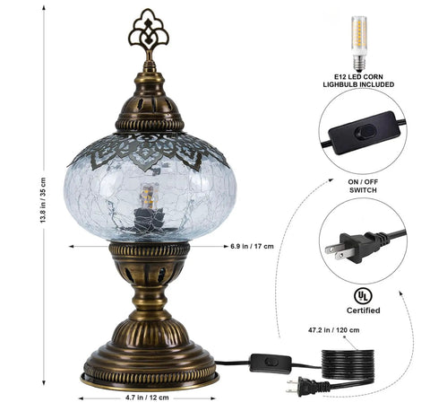 Cracked Clear Moroccan Mosaic Table Lamp With Handmade Turkish Glass Light Bulb Included shown with dimensions and features