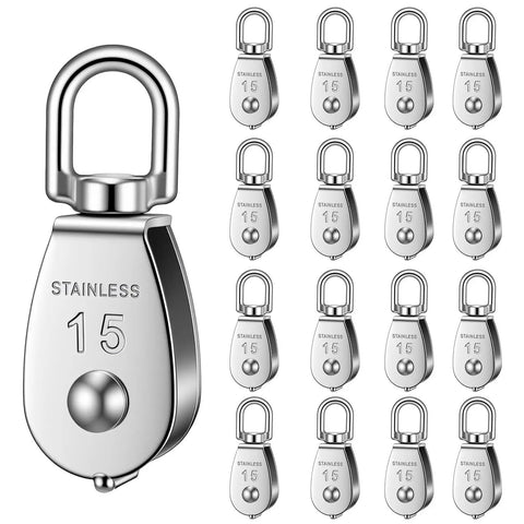 Heavy Duty 16 Pack M15 Single Pulley Block with 304 Stainless Steel Rope Roller and Cable Pulley Swivel Hook