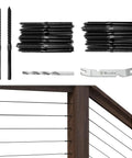 60 Pack Black 1/8 Inch Cable Railing Hardware Kit With Swage Lag Screws for Wood Posts, shown with drill bit and wrench