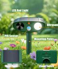 Solar Ultrasonic Animal Repellent With Motion Sensor And Bright LED Flash Light For Yard Garden Farm Outdoor Use IP66 Waterproof Scares Deer Cats Squirrels Raccoons And Critters Weatherproof 4 Pack showing solar panel, PIR sensor and mounting pole