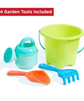 Push And Pull Walker Wagon With Garden Tools For Kids One To Four Years Old Locking Handle For Stability Converts From Baby Push Walker To Pull Wagon For Indoor And Outdoor Play Kid Friendly includes four colorful garden tools for children featuring a green bucket, blue rake, orange spade, and blue watering can
