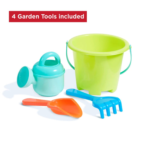 Push And Pull Walker Wagon With Garden Tools For Kids One To Four Years Old Locking Handle For Stability Converts From Baby Push Walker To Pull Wagon For Indoor And Outdoor Play Kid Friendly includes four colorful garden tools for children featuring a green bucket, blue rake, orange spade, and blue watering can