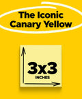 Canary Yellow Sticky Notes 3x3 Inch Set packaging with size label and yellow background, highlighting office and school essentials.