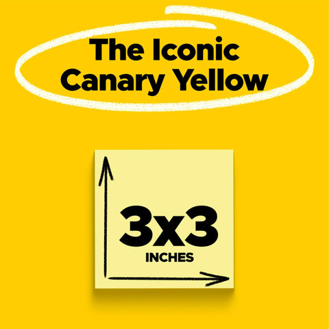 Canary Yellow Sticky Notes 3x3 Inch Set packaging with size label and yellow background, highlighting office and school essentials.