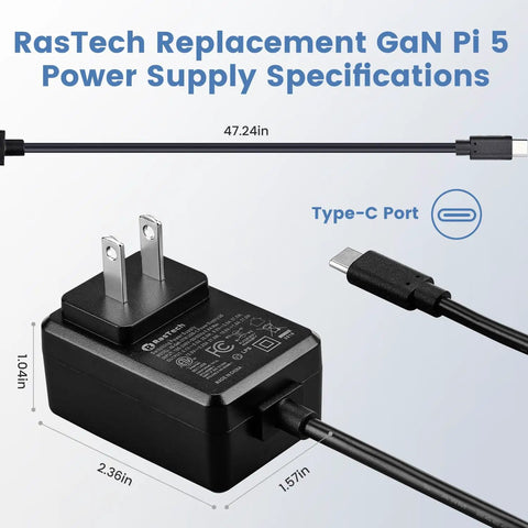 Beefy GaN 27W USB C PD Power Adapter For Raspberry Pi 5 Five Point One Volt Five Amp Charger With 130 Centimeter Cable And 100 240V AC Input