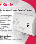 Carbon Monoxide Detector Battery Powered For Travel Or Home With 85 Decibel Alarm And LED Status Indicators Electrochemical Sensor No Wiring Required Two AA Batteries Included shown with branding and features.