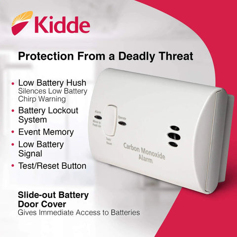 Carbon Monoxide Detector Battery Powered For Travel Or Home With 85 Decibel Alarm And LED Status Indicators Electrochemical Sensor No Wiring Required Two AA Batteries Included shown with branding and features.