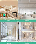 Interior spaces collage showcasing a mall, office, school, and hotel, emphasizing modern architectural design and functionality.