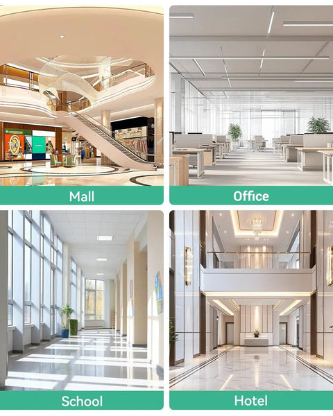 Interior spaces collage showcasing a mall, office, school, and hotel, emphasizing modern architectural design and functionality.
