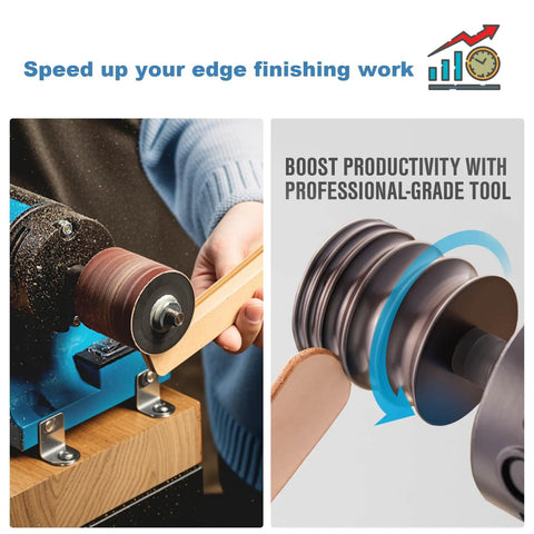 Top Shelf Heavy Duty Leather Burnishing Machine With Variable Speed Dial and Rosewood Edge Polisher in use for edge finishing.