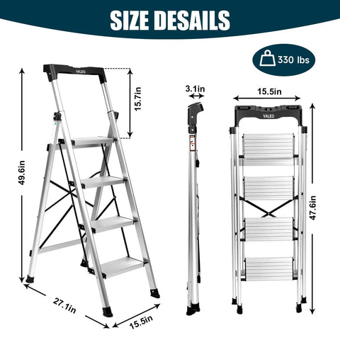 Aluminum Folding Ladder With Retractable Handgrip And Anti Slip Pedals For Kitchen Garage And Home Easy Fold Space Saving Sturdy Portable 330 Pound Capacity 4 Step Design, 49.6in tall