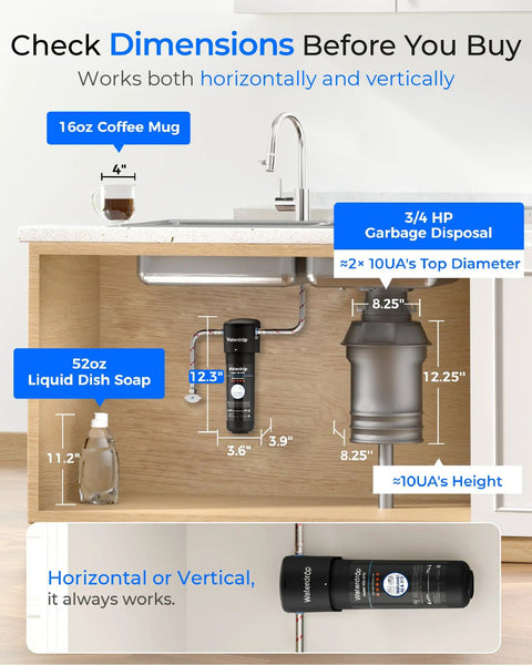 10UA Under Sink Water Filter System Cuts PFAS PFOA And PFOS Lead Chlorine Bad Taste And Odor Connects Directly To Your Faucet Easy Under Counter Install NSF ANSI 42 Certified Filtration 1 Year dimensions illustration