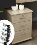 Chrome drawer cabinet lock for office furniture, 30mm diameter, secure with flat key, shown on wood desk beside drawers with insert of locks.