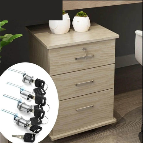 Chrome drawer cabinet lock for office furniture, 30mm diameter, secure with flat key, shown on wood desk beside drawers with insert of locks.