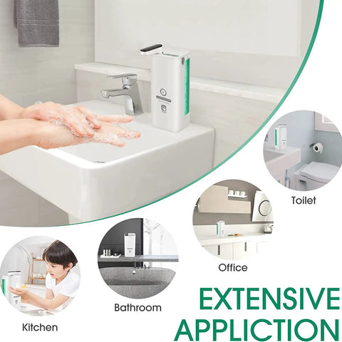 Touchless Rechargeable Soap Dispenser For Kitchen Sink And Bathroom, shown in use at various locations, easy mounting