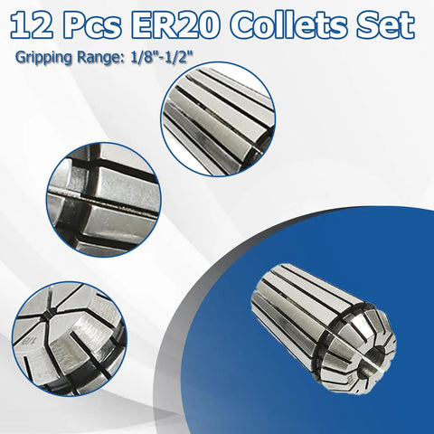 12 Piece ER20 Collets Set One Eighth To One Half Inch Precision With 0.015mm Runout Tolerance for CNC tools display
