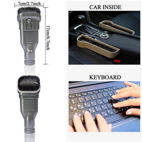 Flexible Extension Hose And Vacuum Attachments Kit For Popular Cordless Vacuums V11 V10 V8 V7 V6 DC74 DC62 DC59 DC44 Replacement Parts Dust Brush Set Bundle showing gray brush tool with measurements, car interior, and keyboard use