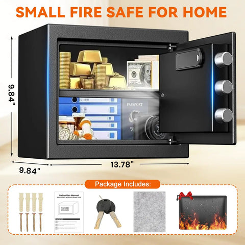 Compact Fireproof Safe Box For Home With Digital Keypad And Key Lock, anti-theft and water resistant, shown open with valuables