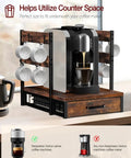 Rustic Brown Coffee Pod Organizer Drawer with coffee machine, showing cup rack and storage for Nespresso Vertuo pods.