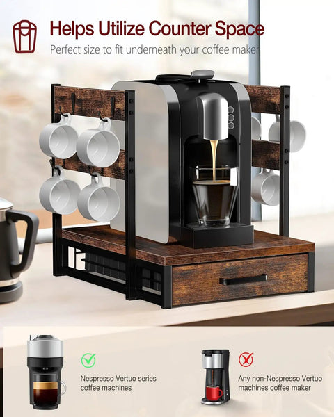 Rustic Brown Coffee Pod Organizer Drawer with coffee machine, showing cup rack and storage for Nespresso Vertuo pods.